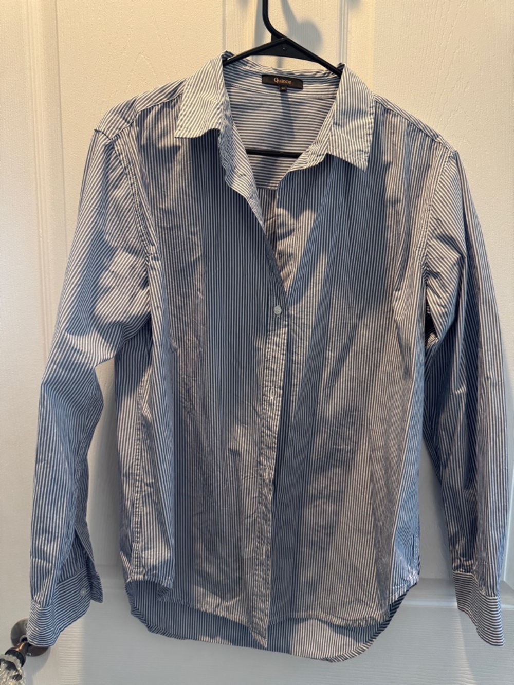 Quince Blue and White Poplin Boyfriend Pinstripe Shirt